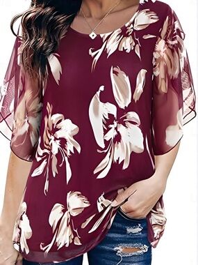 Sleeveless Lined Burgundy Floral Chiffon Tunic by See Code
